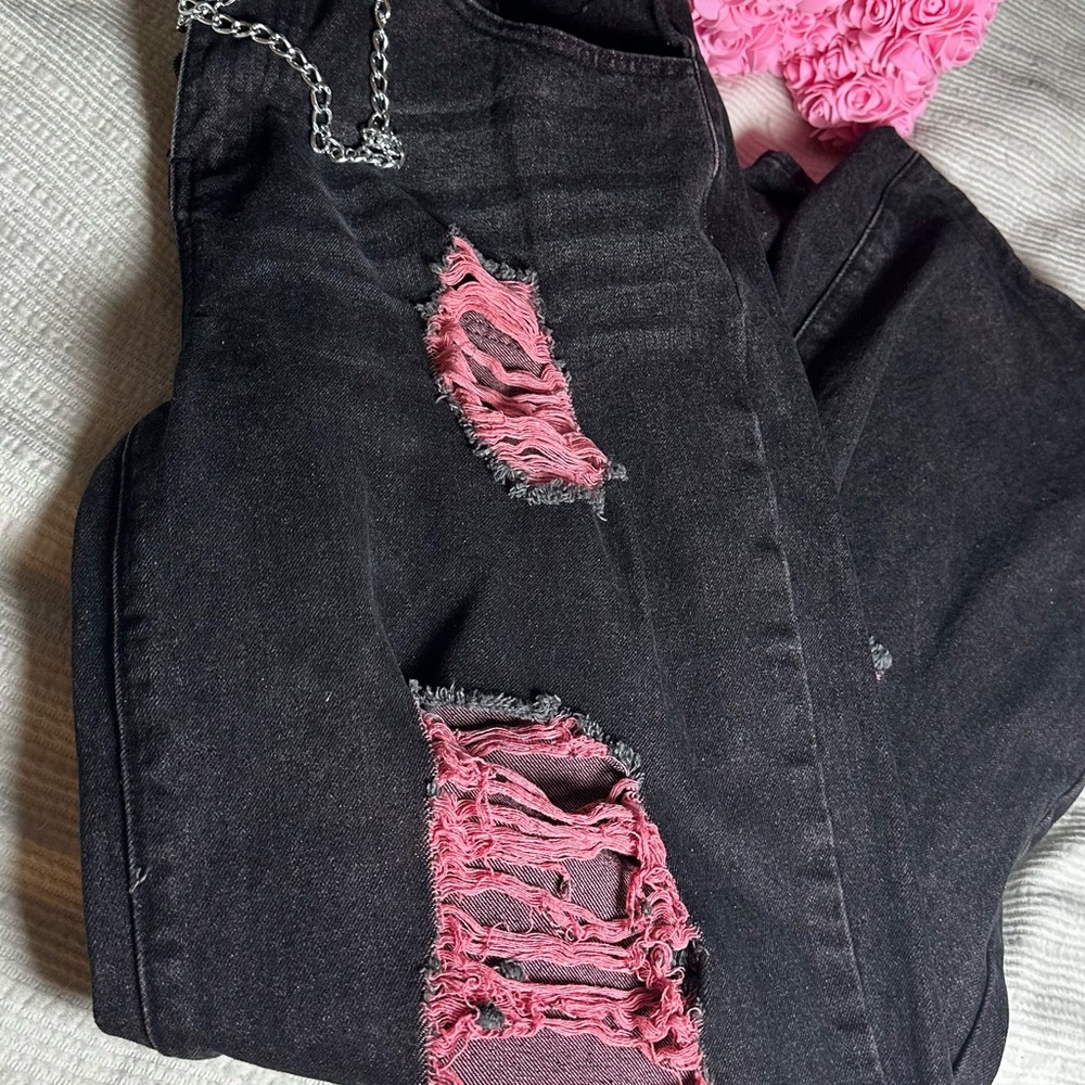 Hot Topic Black Jeans with Pink Distressed Details